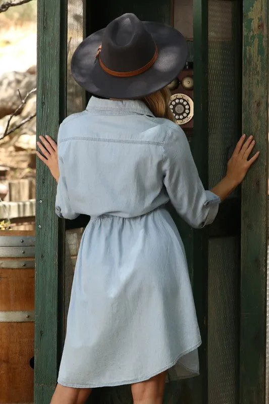 Light Chambray Drawstring Waist Shirtdress