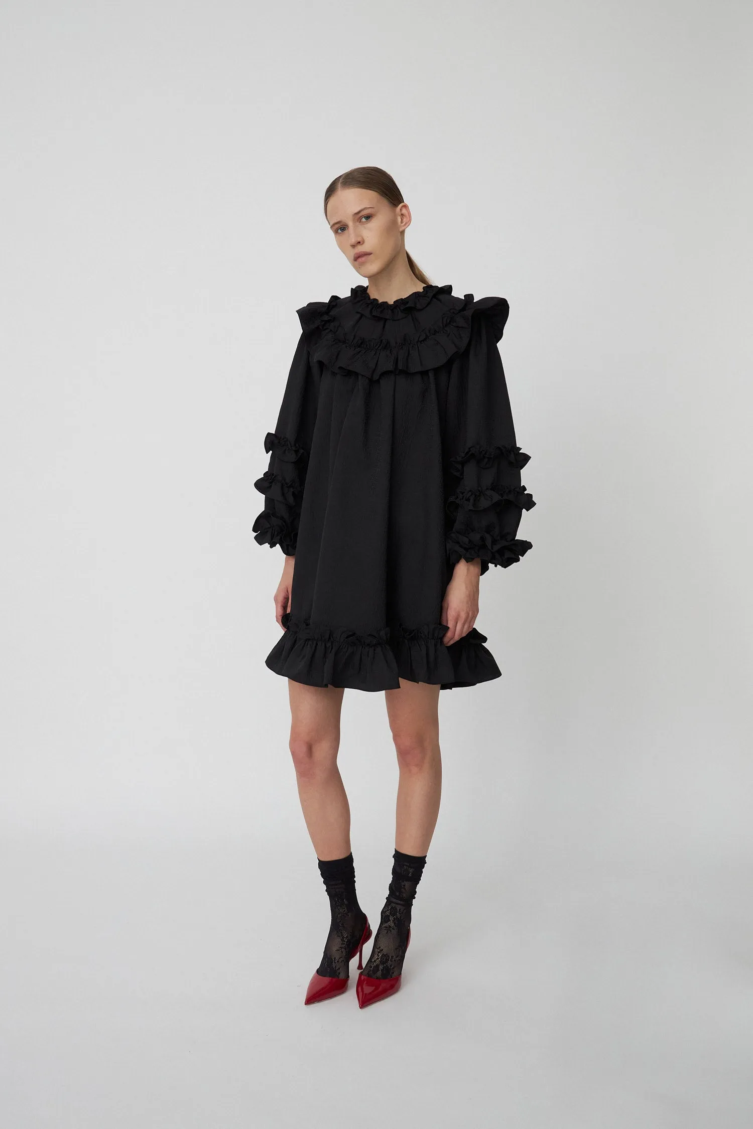 Light Weight Mini Frill Dress - Black