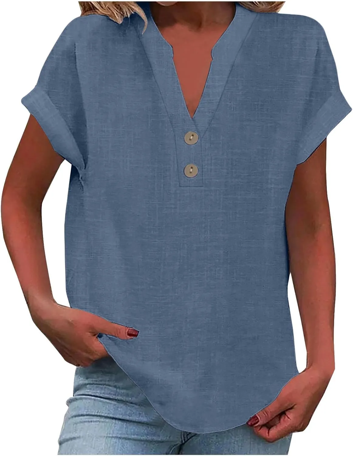 Linen Button Down Shirt for Women 2024 Dressy V Neck Tops Casual Loose Fit Summer Blouses Henley Gauze Tee Shirts