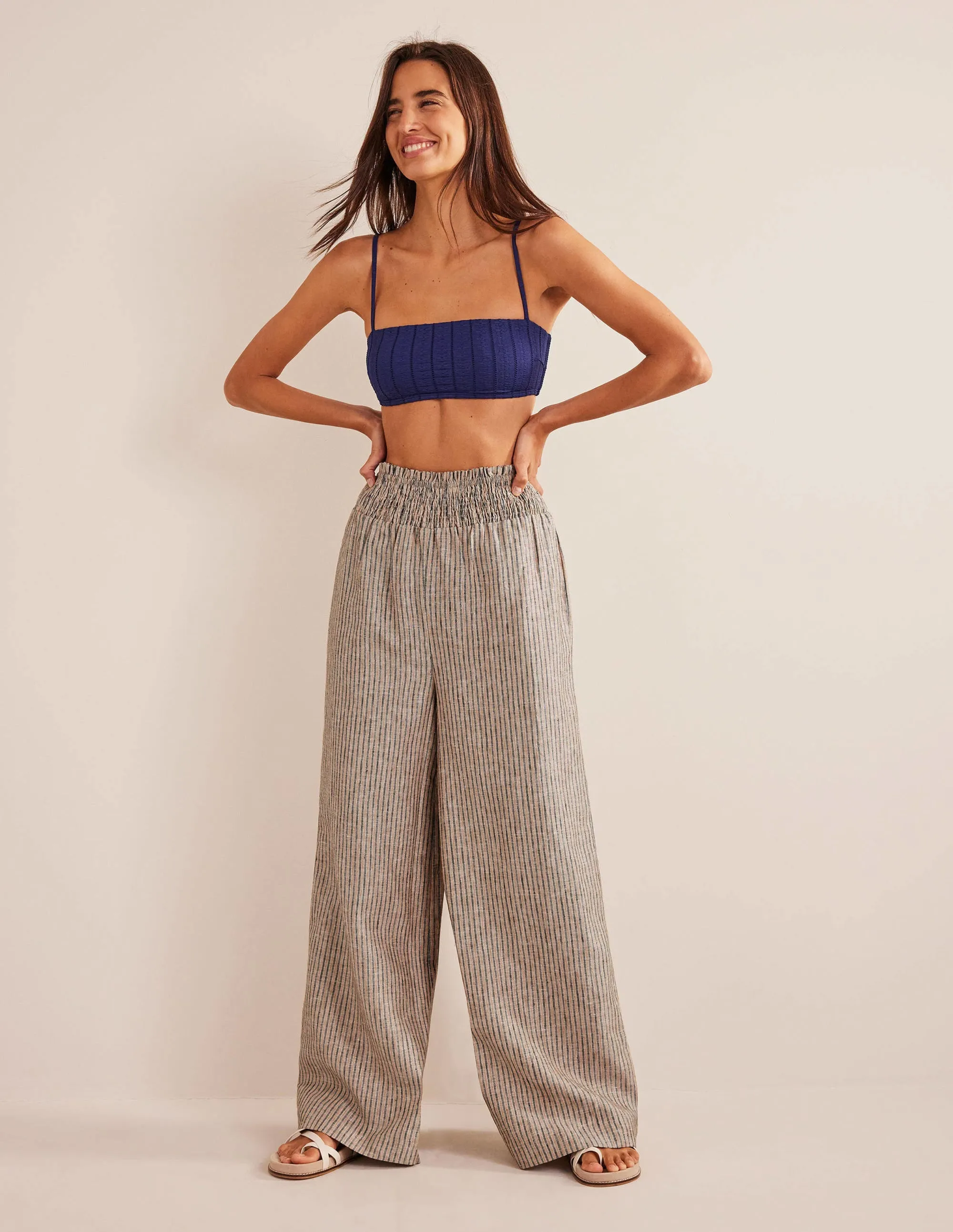 Linen Shirred Waist Trousers-Camel and Black Lurex Stripe