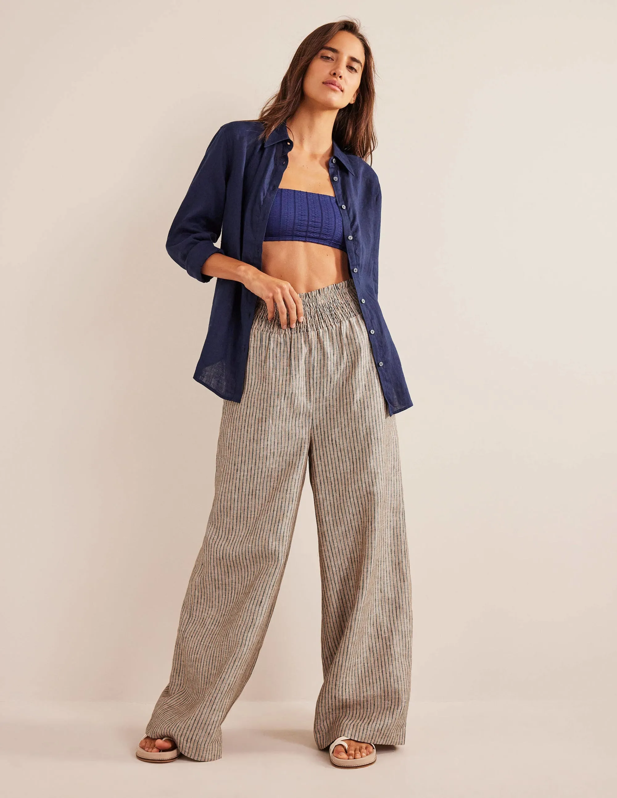 Linen Shirred Waist Trousers-Camel and Black Lurex Stripe