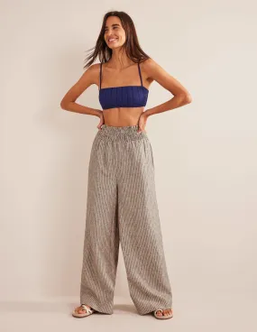 Linen Shirred Waist Trousers-Camel and Black Lurex Stripe