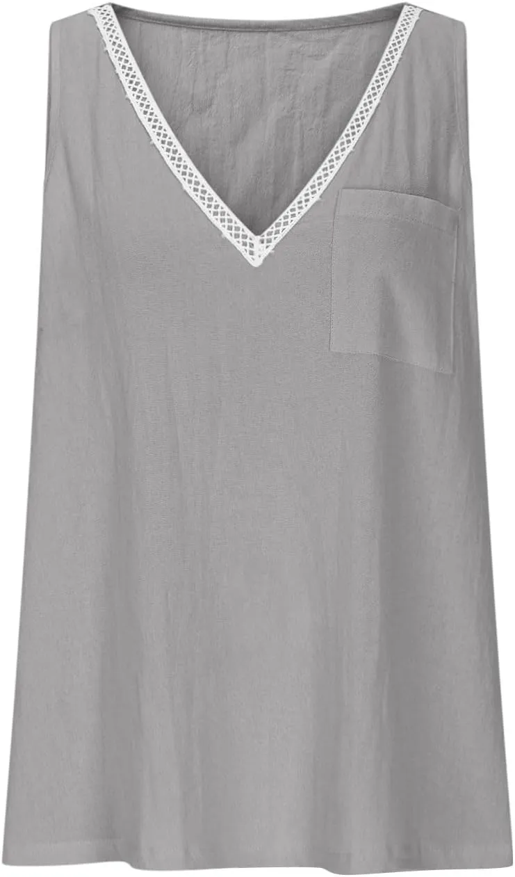 Linen Sleeveless Tank Tops for Women Lace Trim V Neck Basic Summer Blouse Cute Loose Tunic Shirts