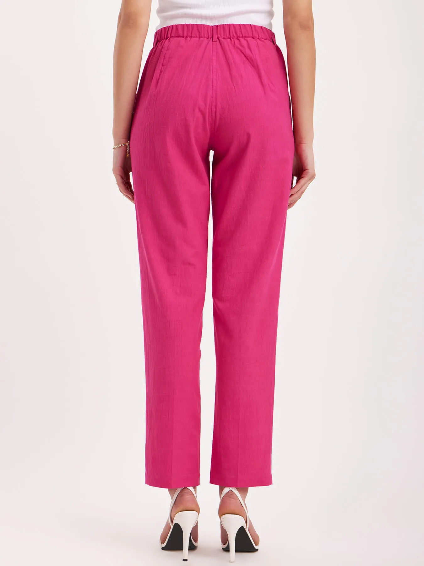 Linen Straight Fit Trousers - Fuchsia