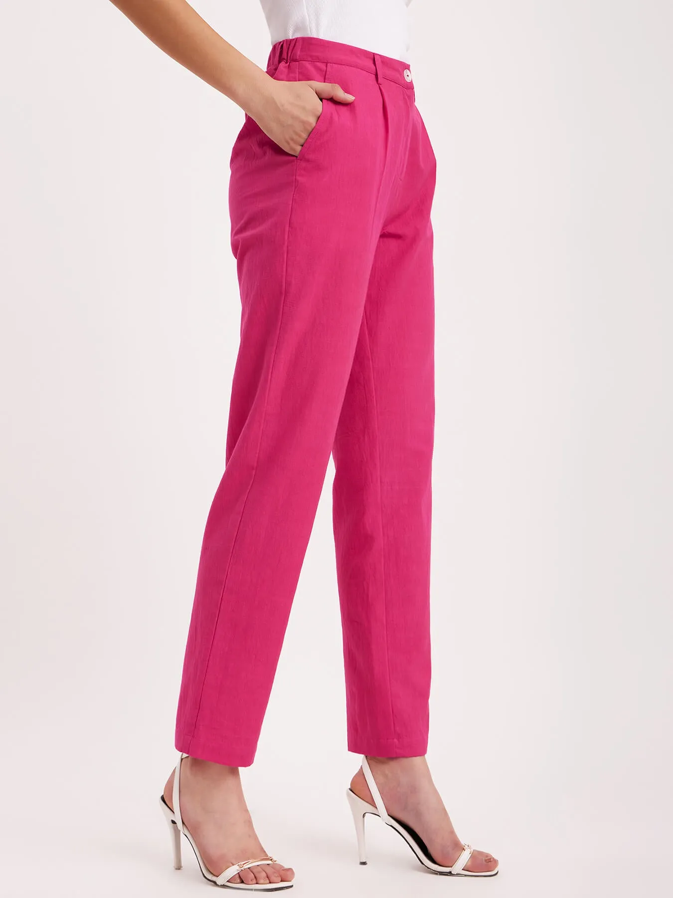 Linen Straight Fit Trousers - Fuchsia