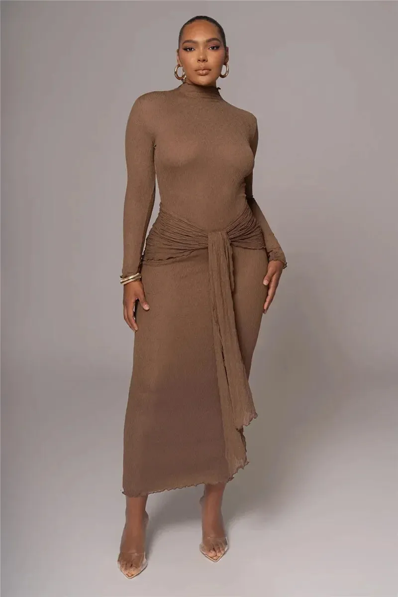 Long Sleeve Drape Turtleneck Maxi Dress