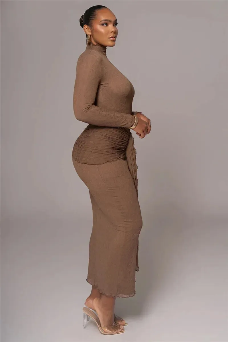 Long Sleeve Drape Turtleneck Maxi Dress
