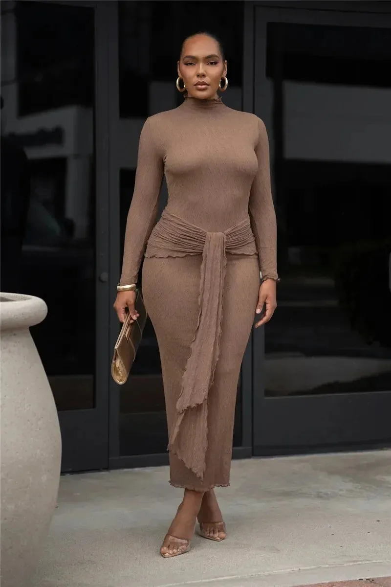 Long Sleeve Drape Turtleneck Maxi Dress
