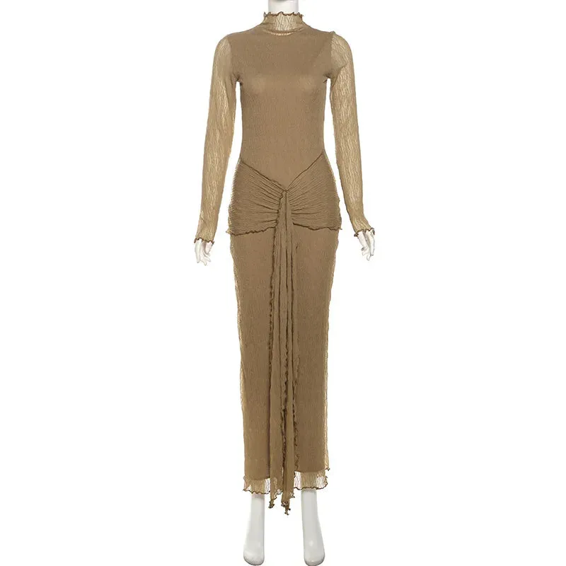 Long Sleeve Drape Turtleneck Maxi Dress