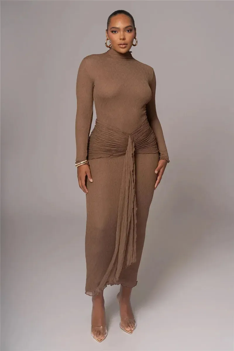 Long Sleeve Drape Turtleneck Maxi Dress