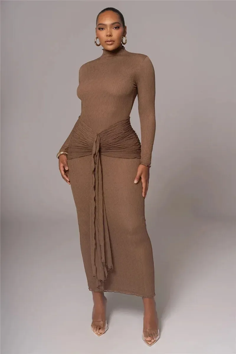 Long Sleeve Drape Turtleneck Maxi Dress