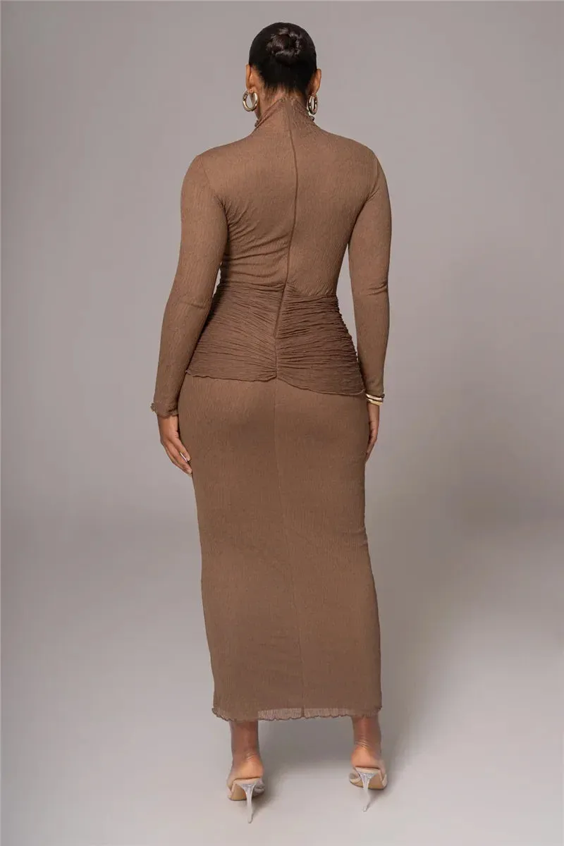 Long Sleeve Drape Turtleneck Maxi Dress