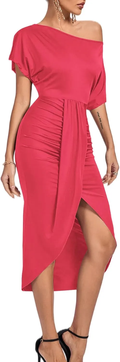 LYANER Women's One Off The Shoulder Ruched Wrap Front Split Hem Draped Party Midi Dress