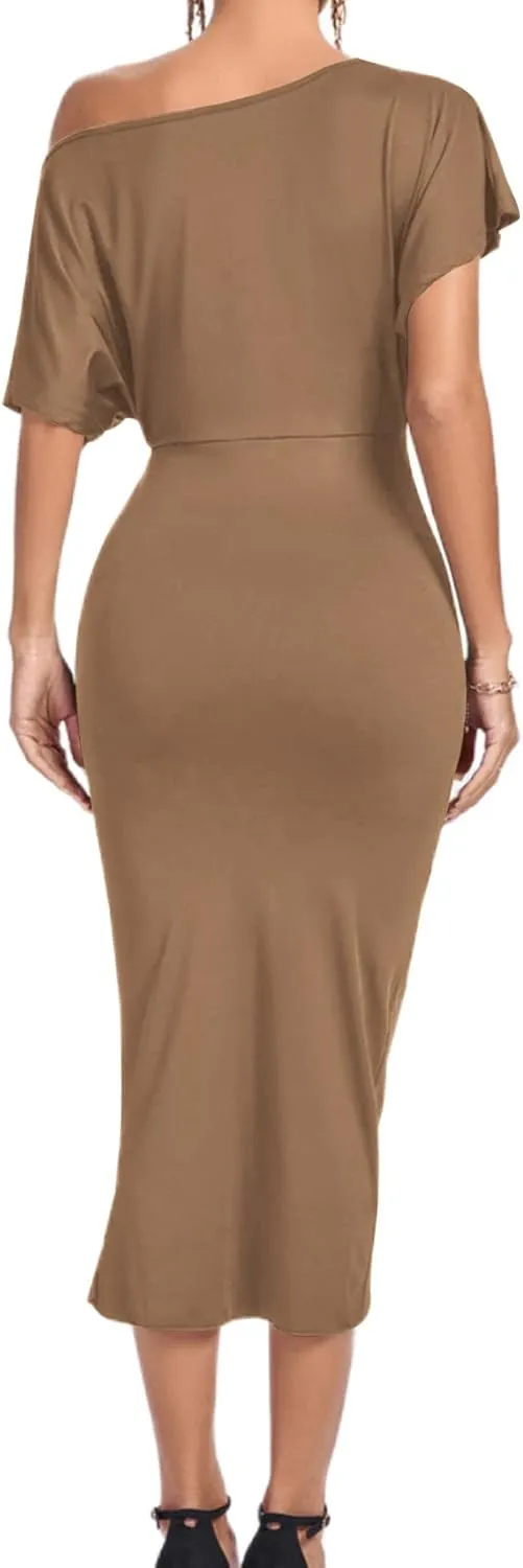 LYANER Women's One Off The Shoulder Ruched Wrap Front Split Hem Draped Party Midi Dress