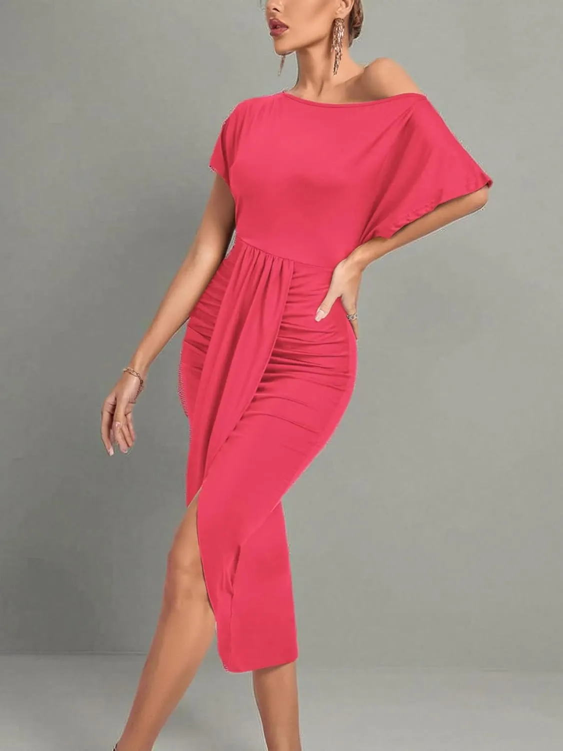 LYANER Women's One Off The Shoulder Ruched Wrap Front Split Hem Draped Party Midi Dress