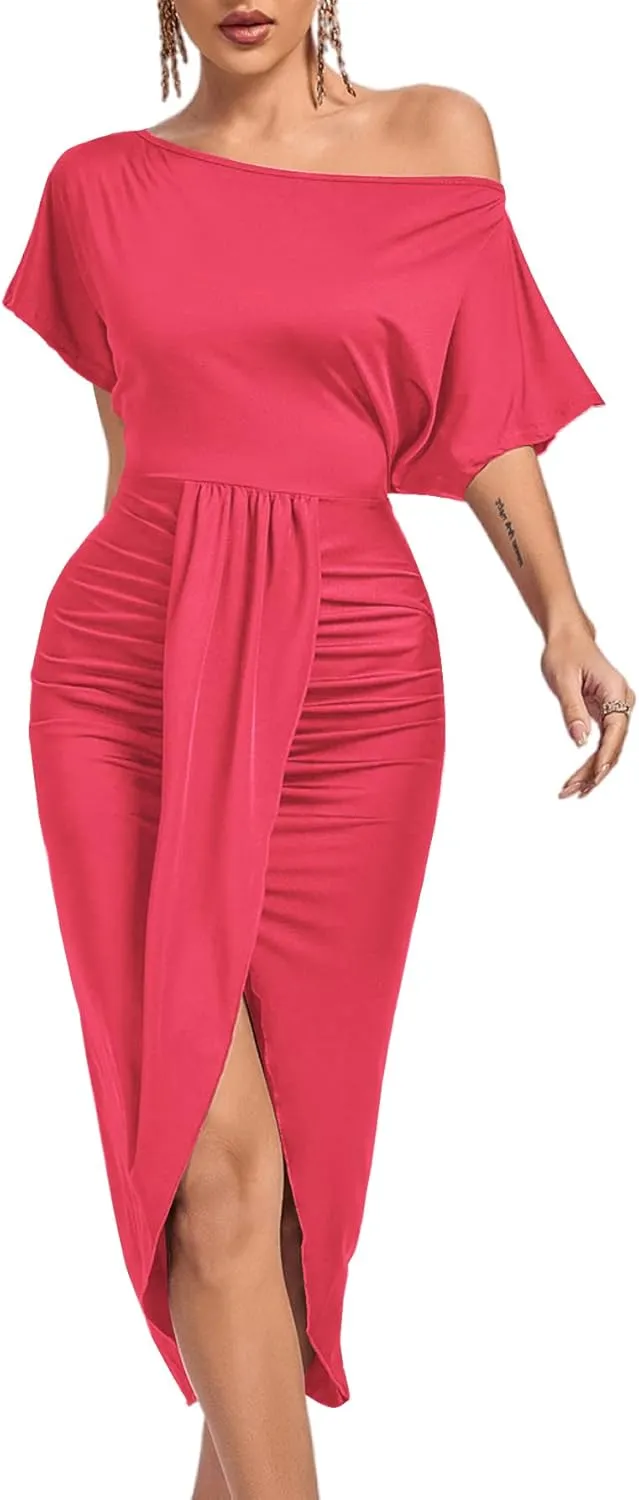 LYANER Women's One Off The Shoulder Ruched Wrap Front Split Hem Draped Party Midi Dress
