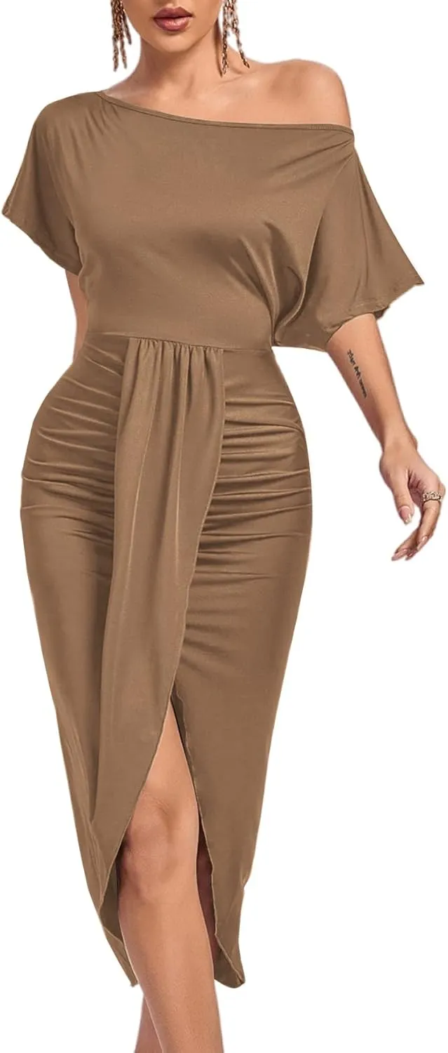 LYANER Women's One Off The Shoulder Ruched Wrap Front Split Hem Draped Party Midi Dress