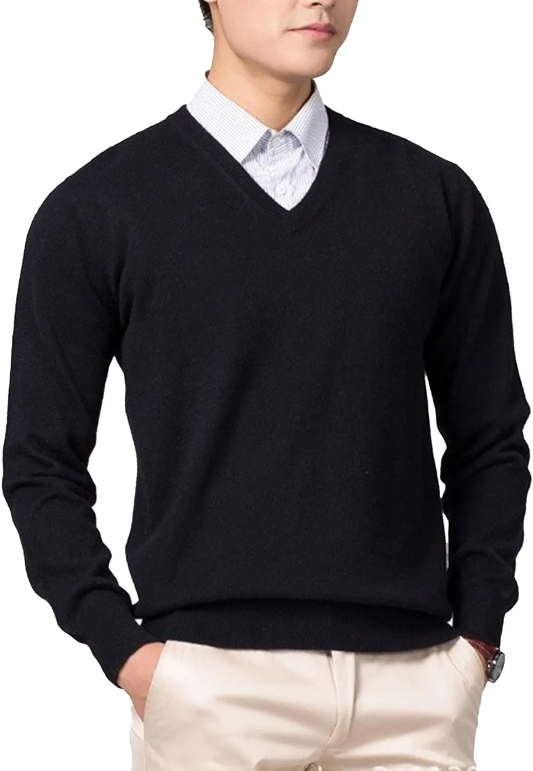 Maiyifu-GJ Men's Winter Comfortable Sweater V-Neck/Round Solid Color Jumper Warm Comfortable Pullover