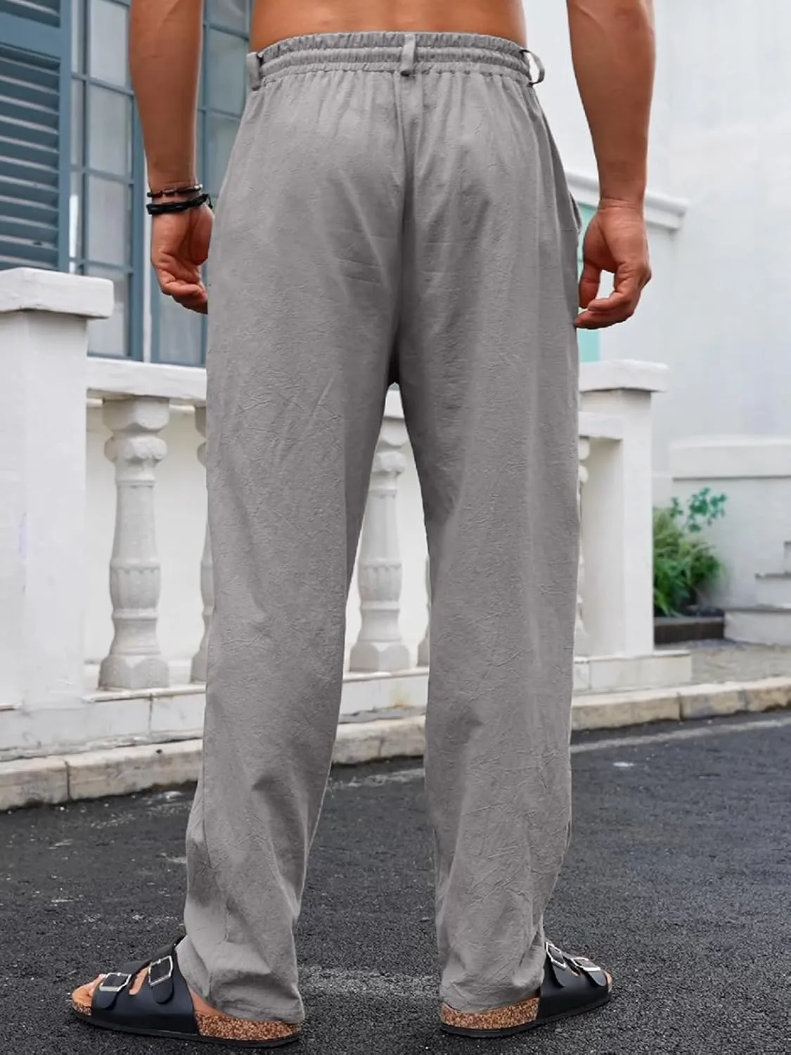 Mens Casual Linen Pants Loose Fit Elastic Drawstring Waist Straight-Legs Summer Yoga Beach Long Pants