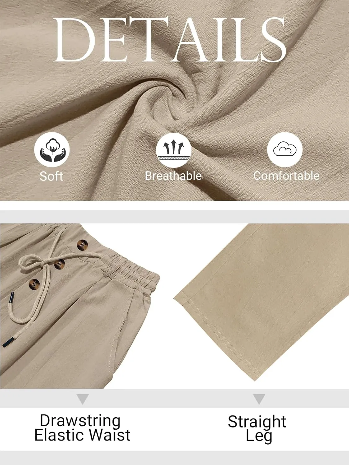 Mens Casual Linen Pants Loose Fit Elastic Drawstring Waist Straight-Legs Summer Yoga Beach Long Pants
