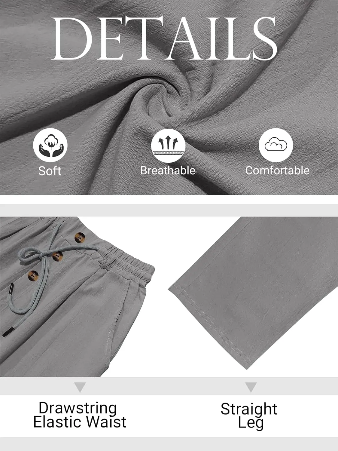 Mens Casual Linen Pants Loose Fit Elastic Drawstring Waist Straight-Legs Summer Yoga Beach Long Pants