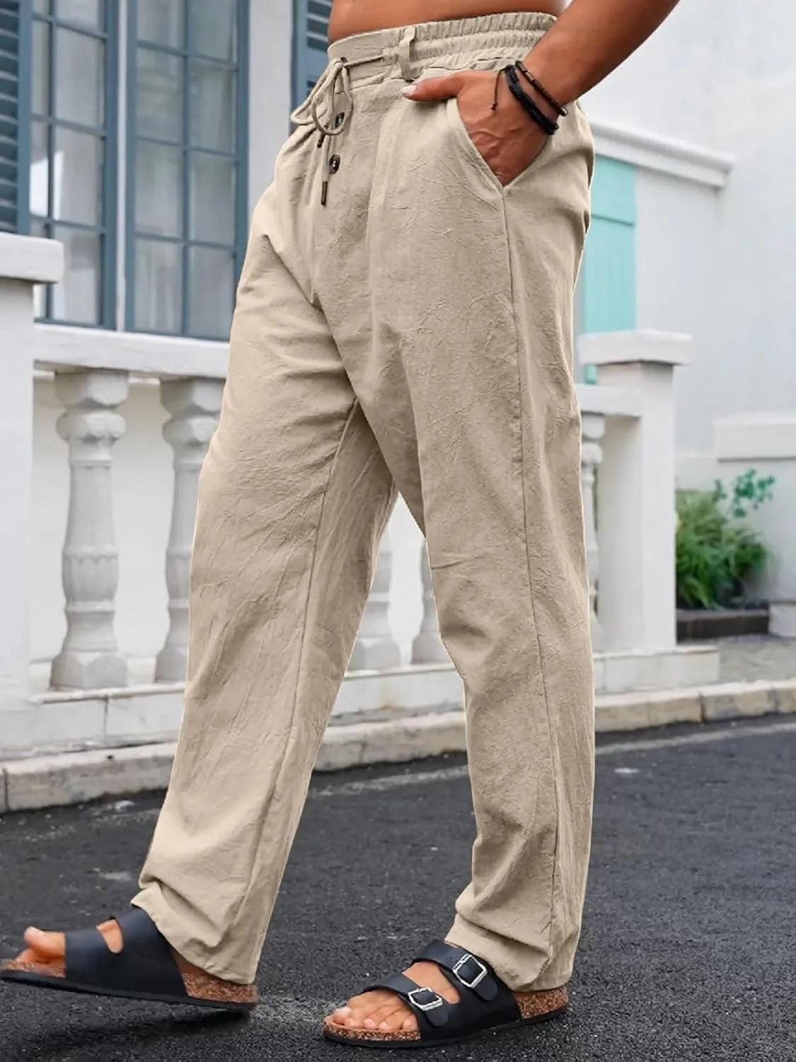 Mens Casual Linen Pants Loose Fit Elastic Drawstring Waist Straight-Legs Summer Yoga Beach Long Pants