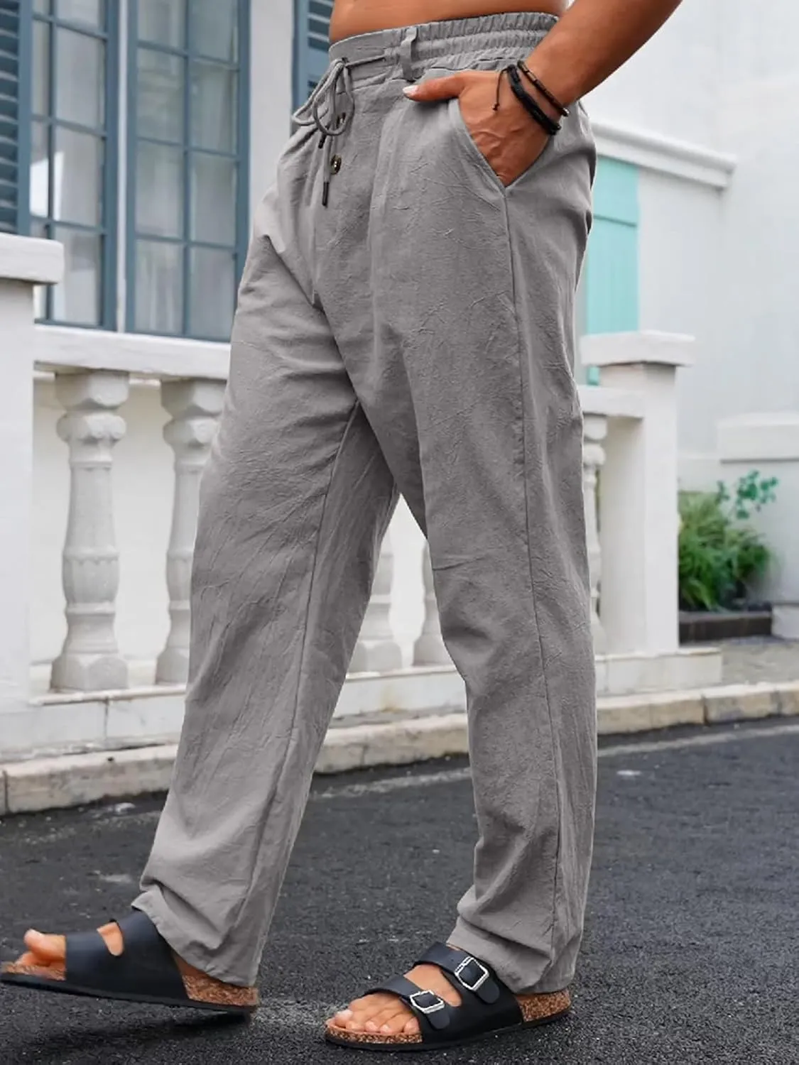 Mens Casual Linen Pants Loose Fit Elastic Drawstring Waist Straight-Legs Summer Yoga Beach Long Pants