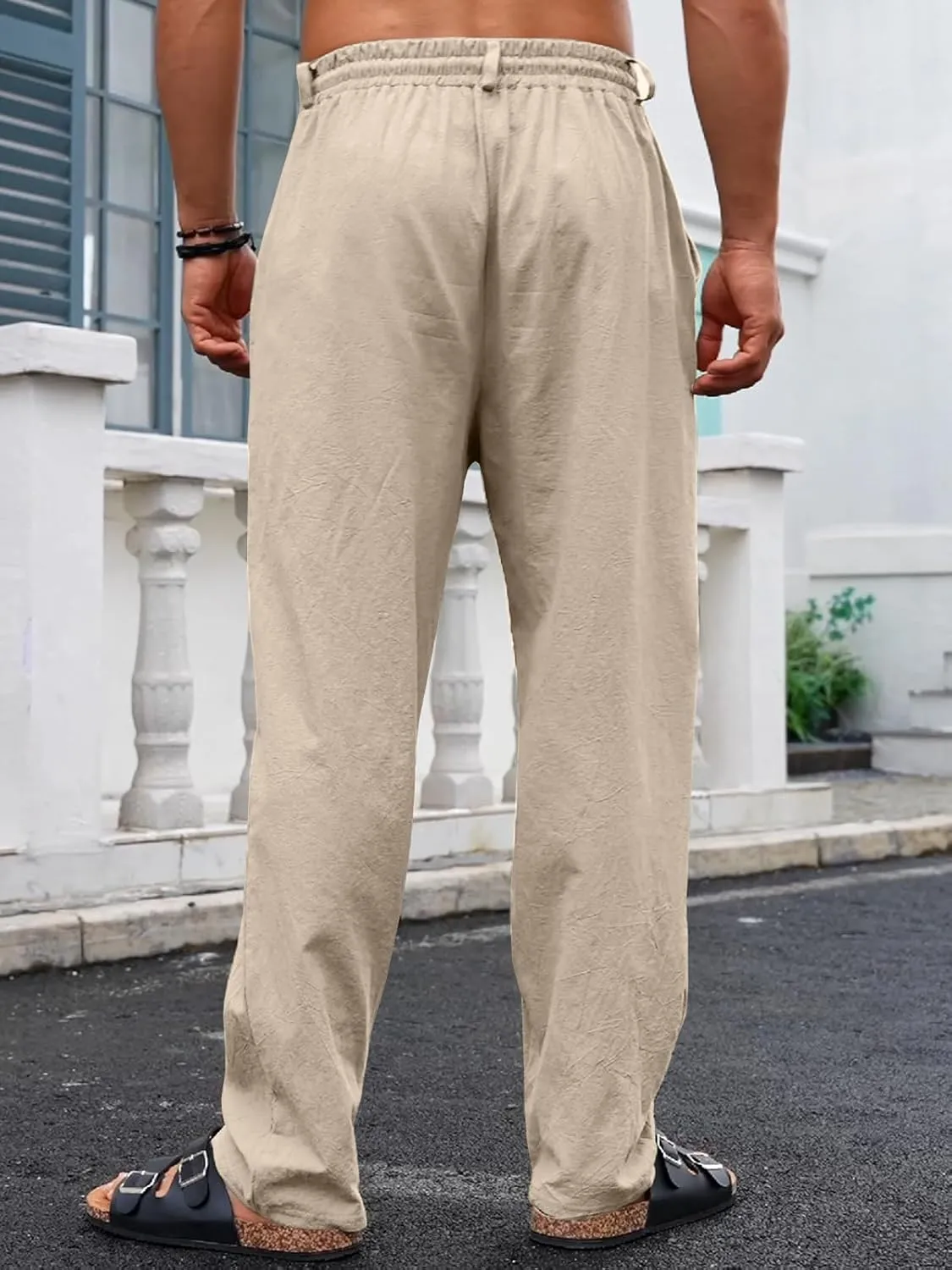 Mens Casual Linen Pants Loose Fit Elastic Drawstring Waist Straight-Legs Summer Yoga Beach Long Pants