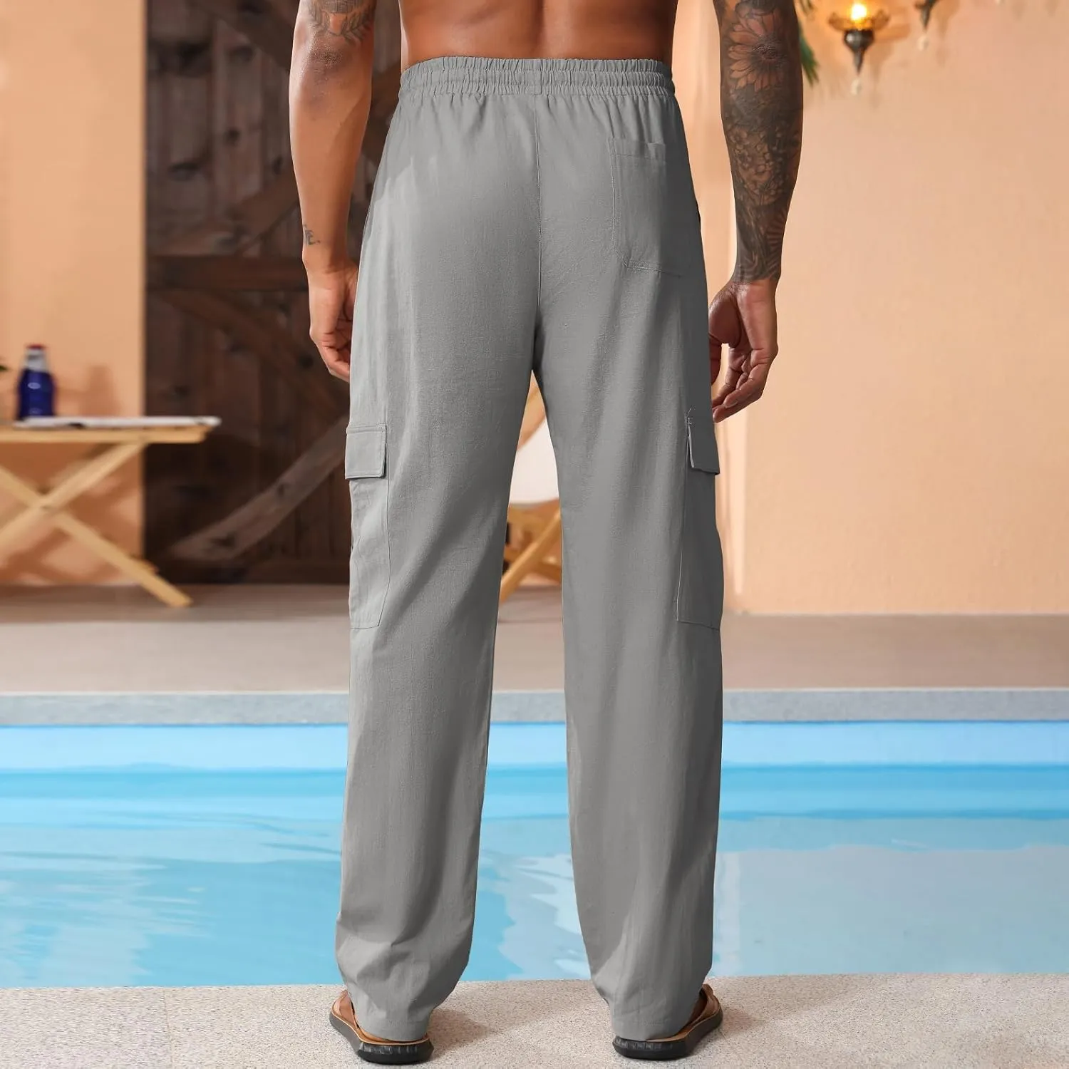 Men's Casual Linen Pants Summer Loose Fit Elastic Waist Drawstring Pants Lightweight Linen Cargo Trousers with Pockets