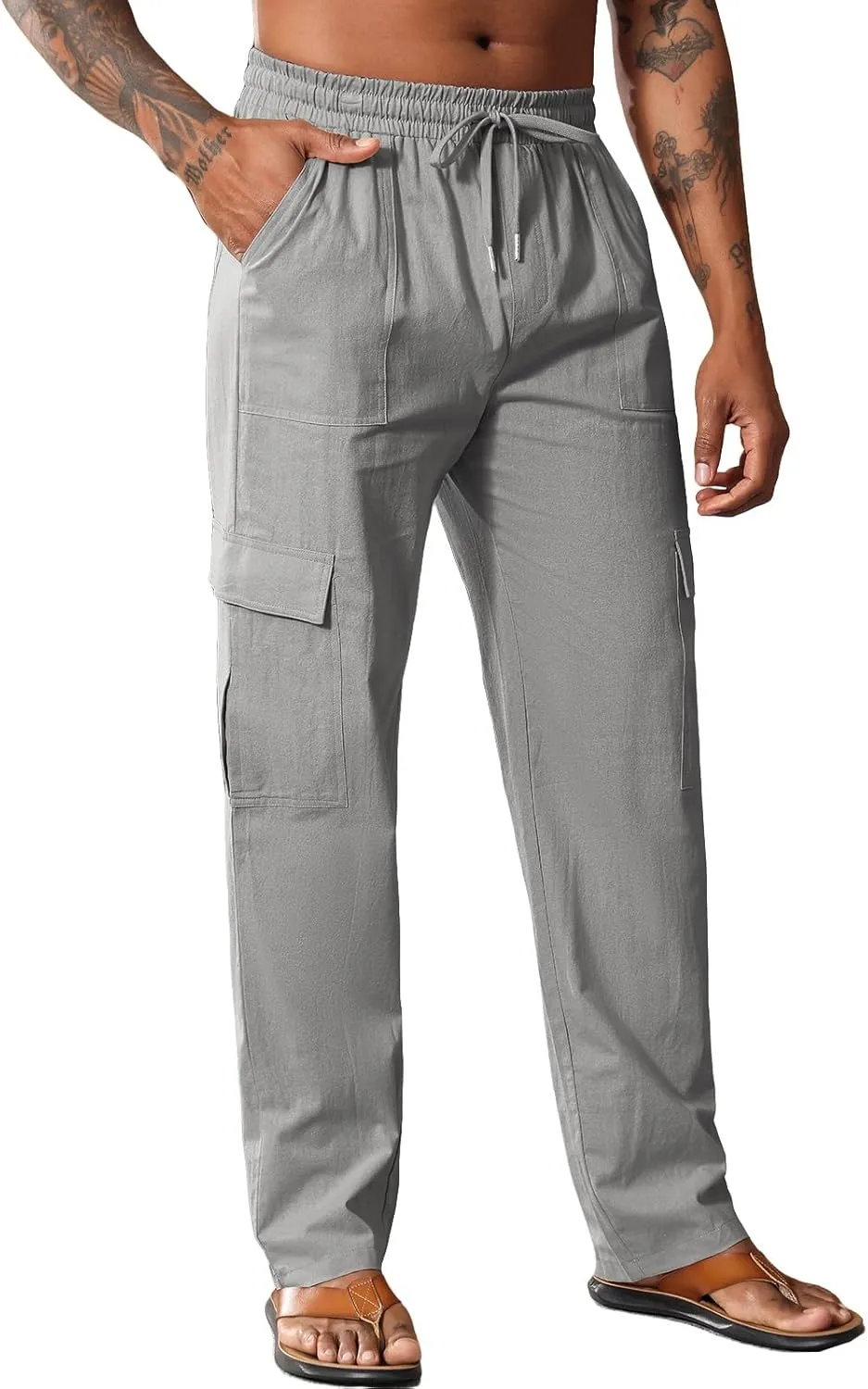 Men's Casual Linen Pants Summer Loose Fit Elastic Waist Drawstring Pants Lightweight Linen Cargo Trousers with Pockets