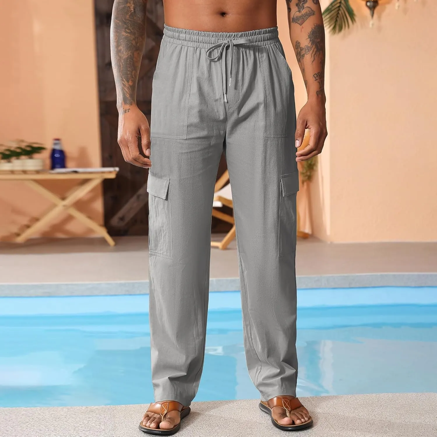 Men's Casual Linen Pants Summer Loose Fit Elastic Waist Drawstring Pants Lightweight Linen Cargo Trousers with Pockets