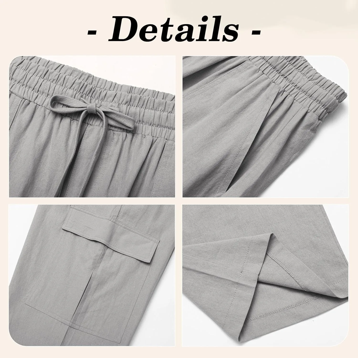Men's Casual Linen Pants Summer Loose Fit Elastic Waist Drawstring Pants Lightweight Linen Cargo Trousers with Pockets
