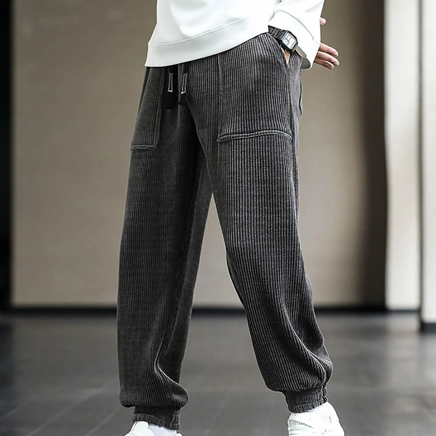 Mens Corduroy Casual Pants Expandable Waist Straight Sweatpants for Men Big and Tall Wide Leg Baggy Pants with Drawstrings