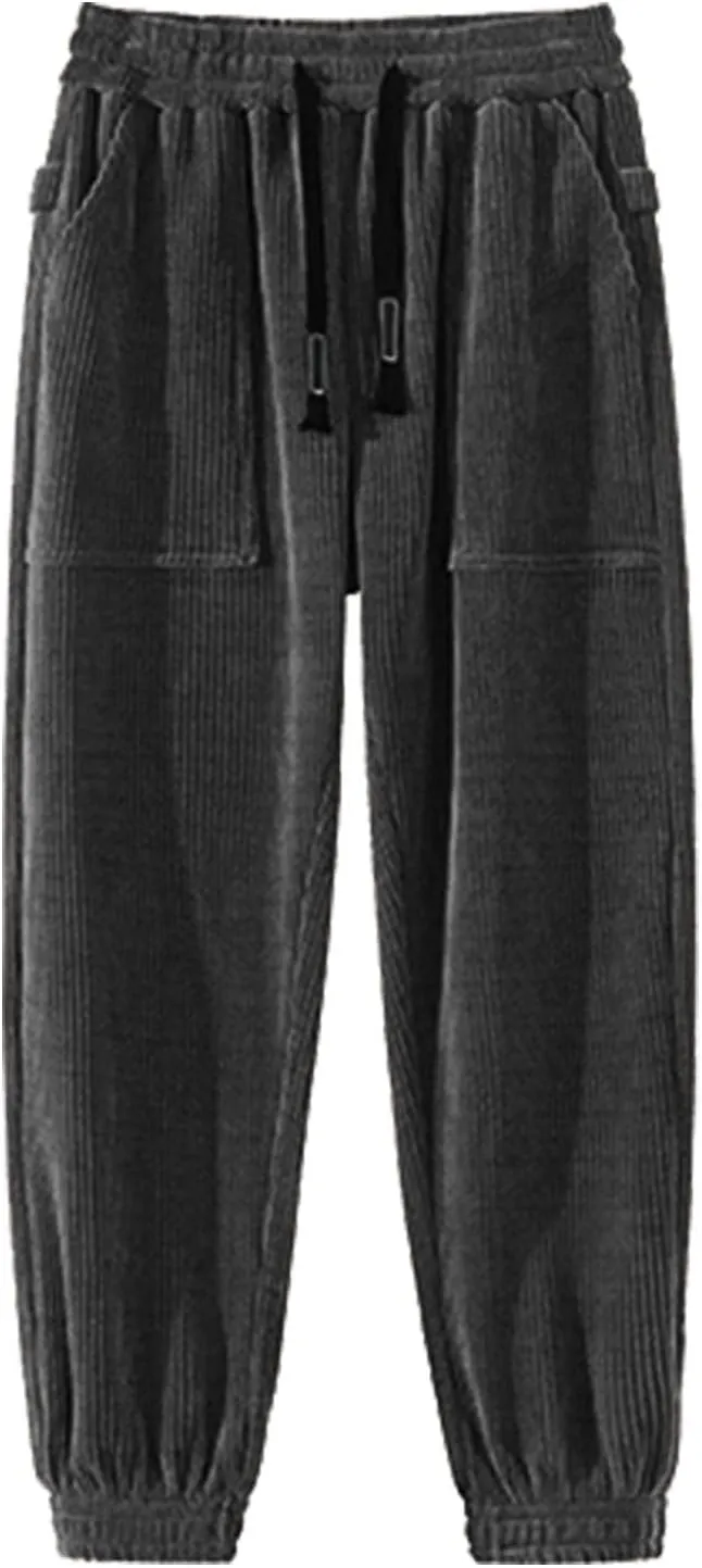 Mens Corduroy Casual Pants Expandable Waist Straight Sweatpants for Men Big and Tall Wide Leg Baggy Pants with Drawstrings