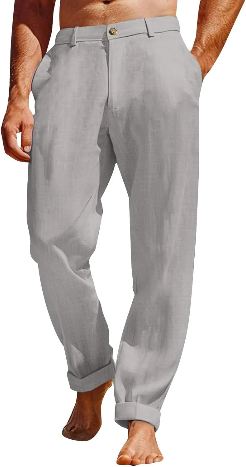 Mens Linen Pants Big and Tall Casual Elastic Waist Summer Beach Pants Lightweight Breathable Yoga Vacation Trousers
