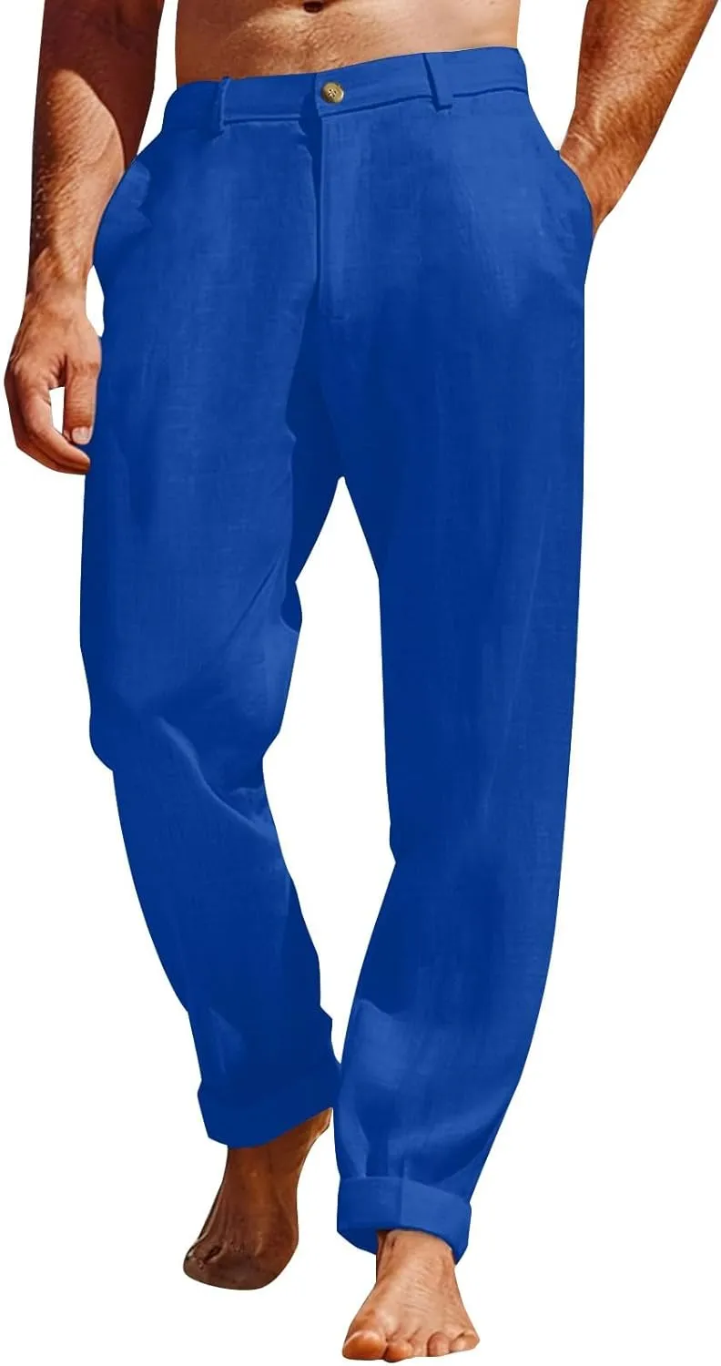 Mens Linen Pants Big and Tall Casual Elastic Waist Summer Beach Pants Lightweight Breathable Yoga Vacation Trousers