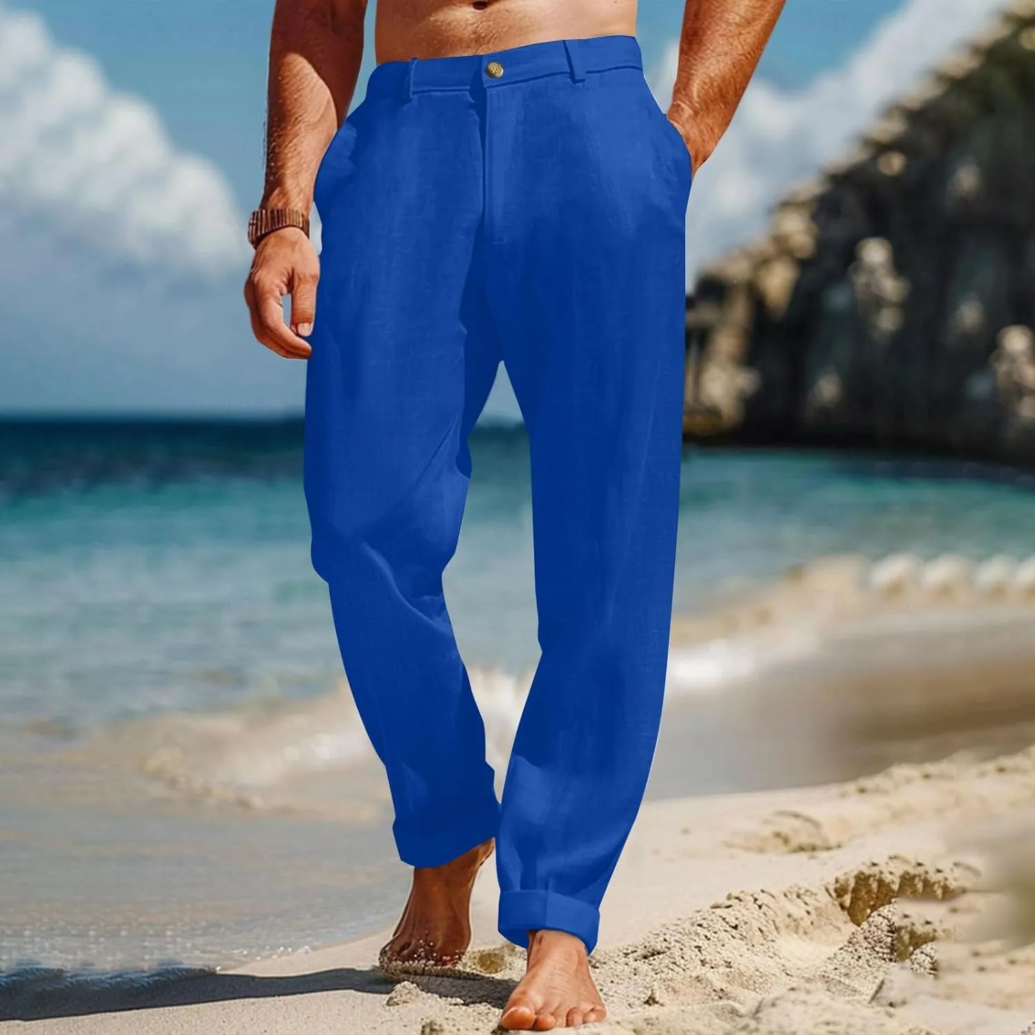 Mens Linen Pants Big and Tall Casual Elastic Waist Summer Beach Pants Lightweight Breathable Yoga Vacation Trousers