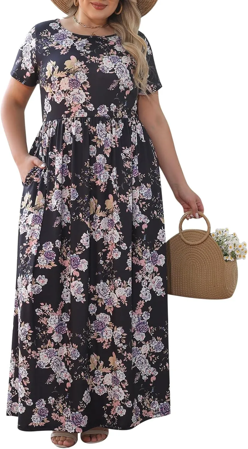 Nemidor Women Short Sleeve Loose Plain Casual Plus Size Long Maxi Dress with Pockets