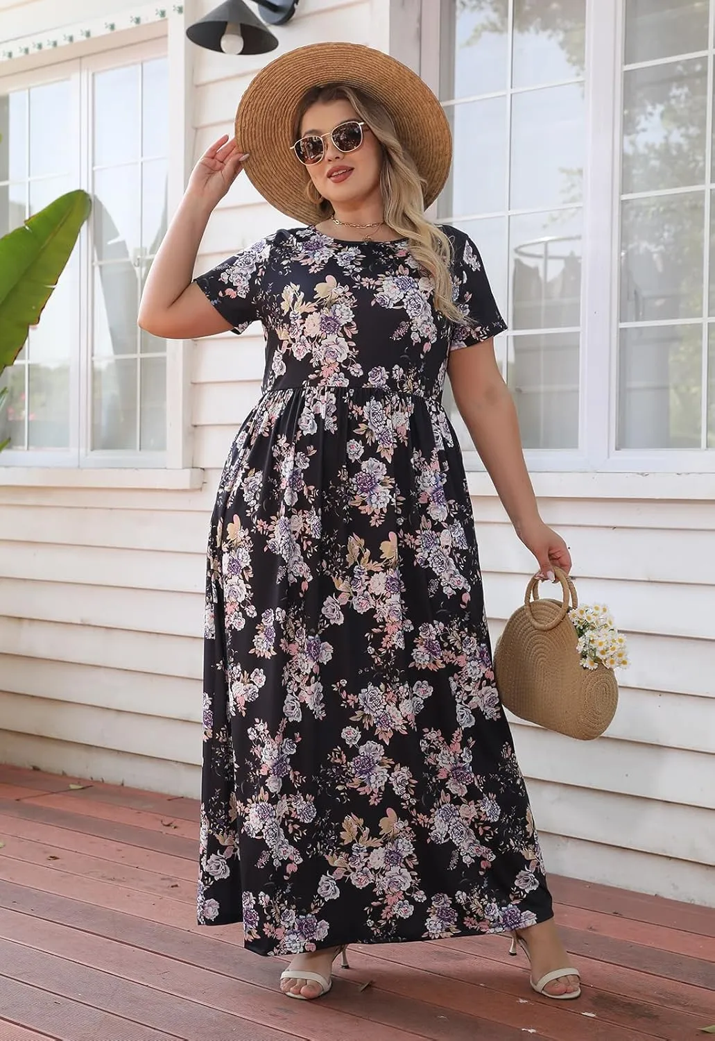 Nemidor Women Short Sleeve Loose Plain Casual Plus Size Long Maxi Dress with Pockets