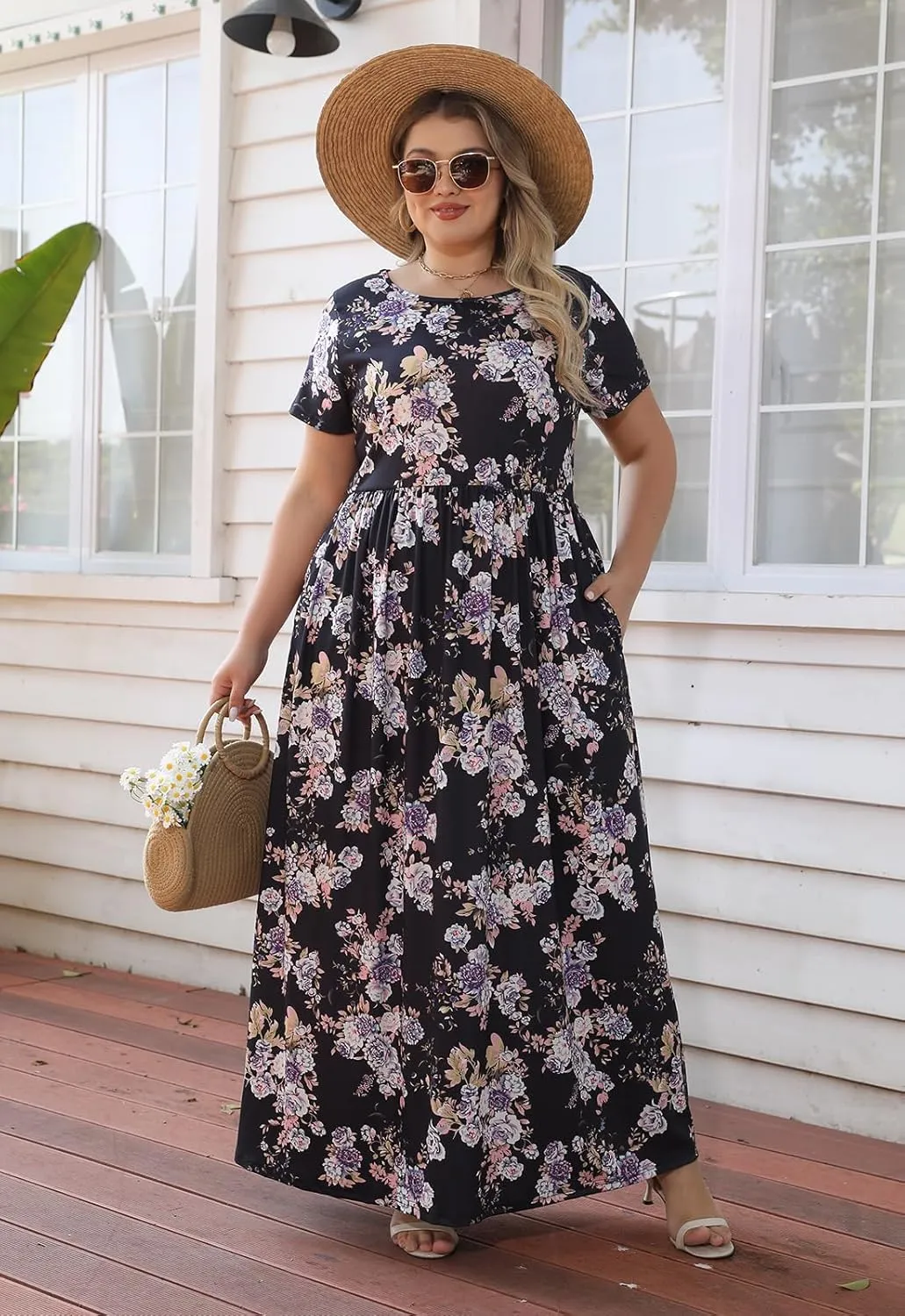 Nemidor Women Short Sleeve Loose Plain Casual Plus Size Long Maxi Dress with Pockets