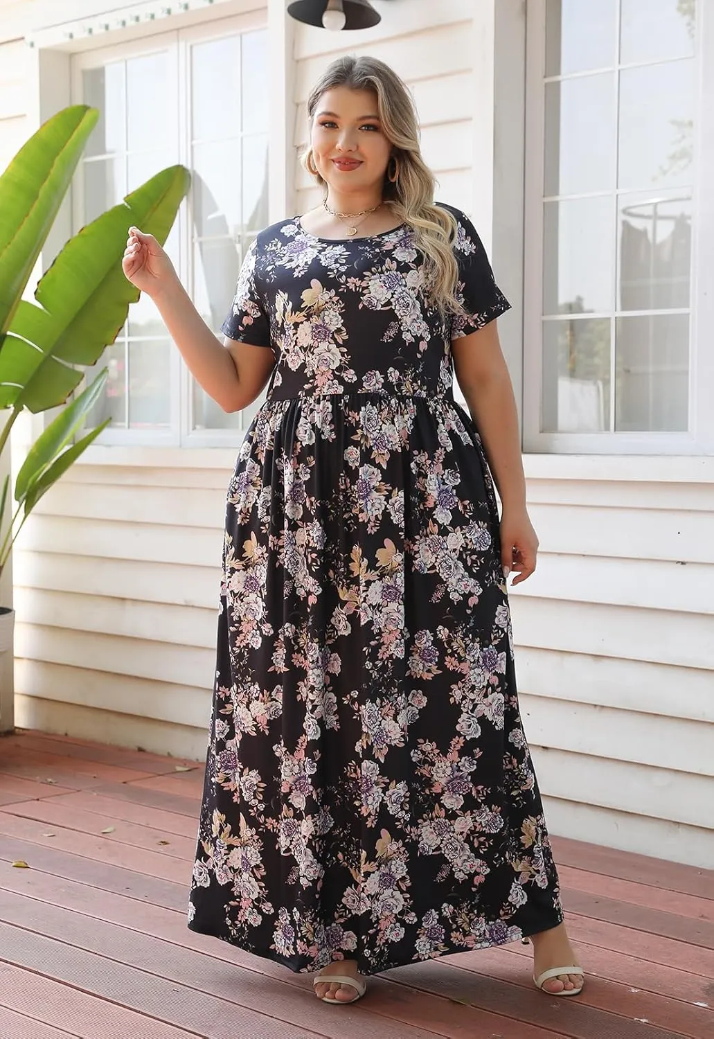Nemidor Women Short Sleeve Loose Plain Casual Plus Size Long Maxi Dress with Pockets