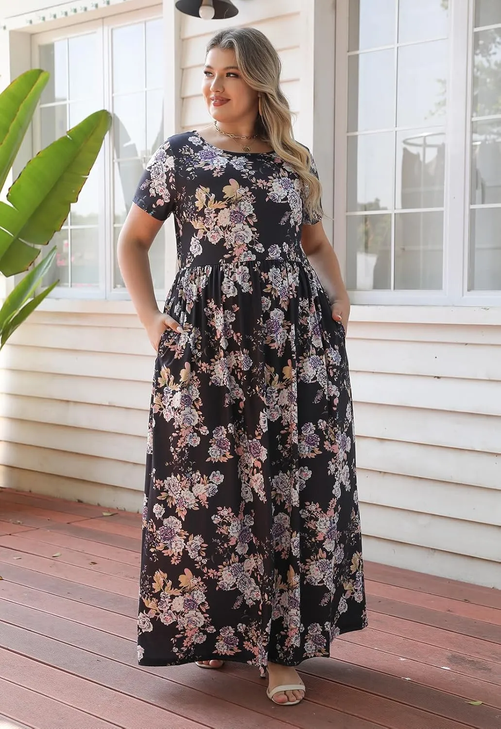 Nemidor Women Short Sleeve Loose Plain Casual Plus Size Long Maxi Dress with Pockets