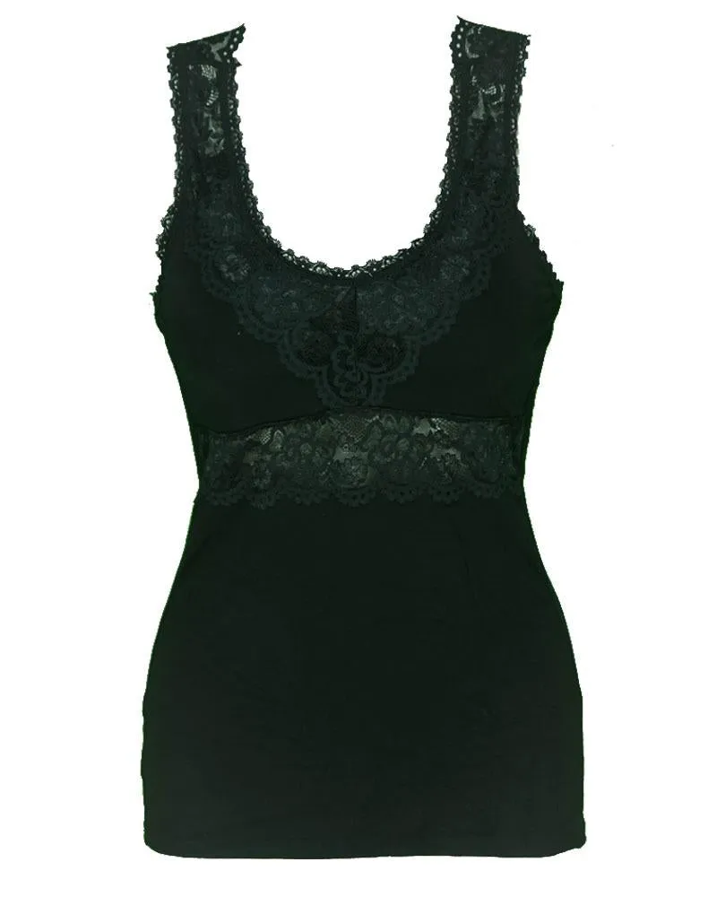 Premium Embroidered Camisole Padded With Lace - Black Color - 8783