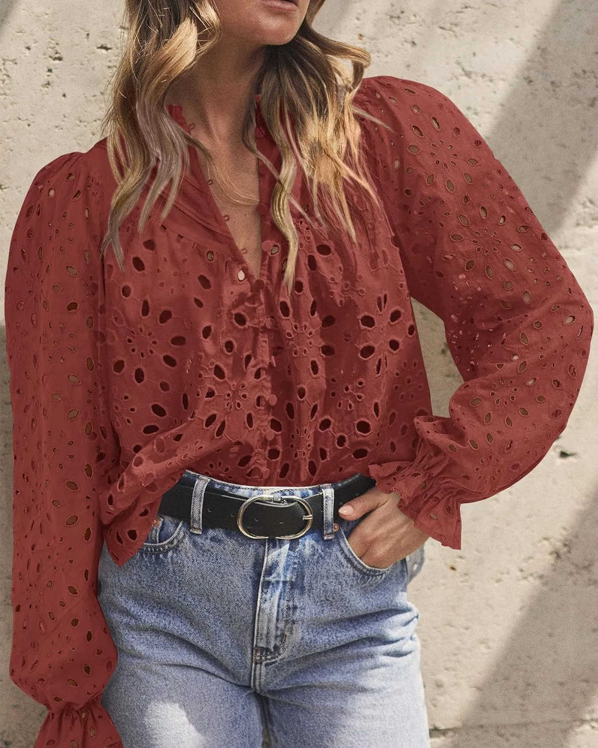 PRETTYGARDEN Women's Dressy Casual Blouse Tops Fall Spring Puff Long Sleeve Button V Neck Hollow Out Lace Embroidered Shirts