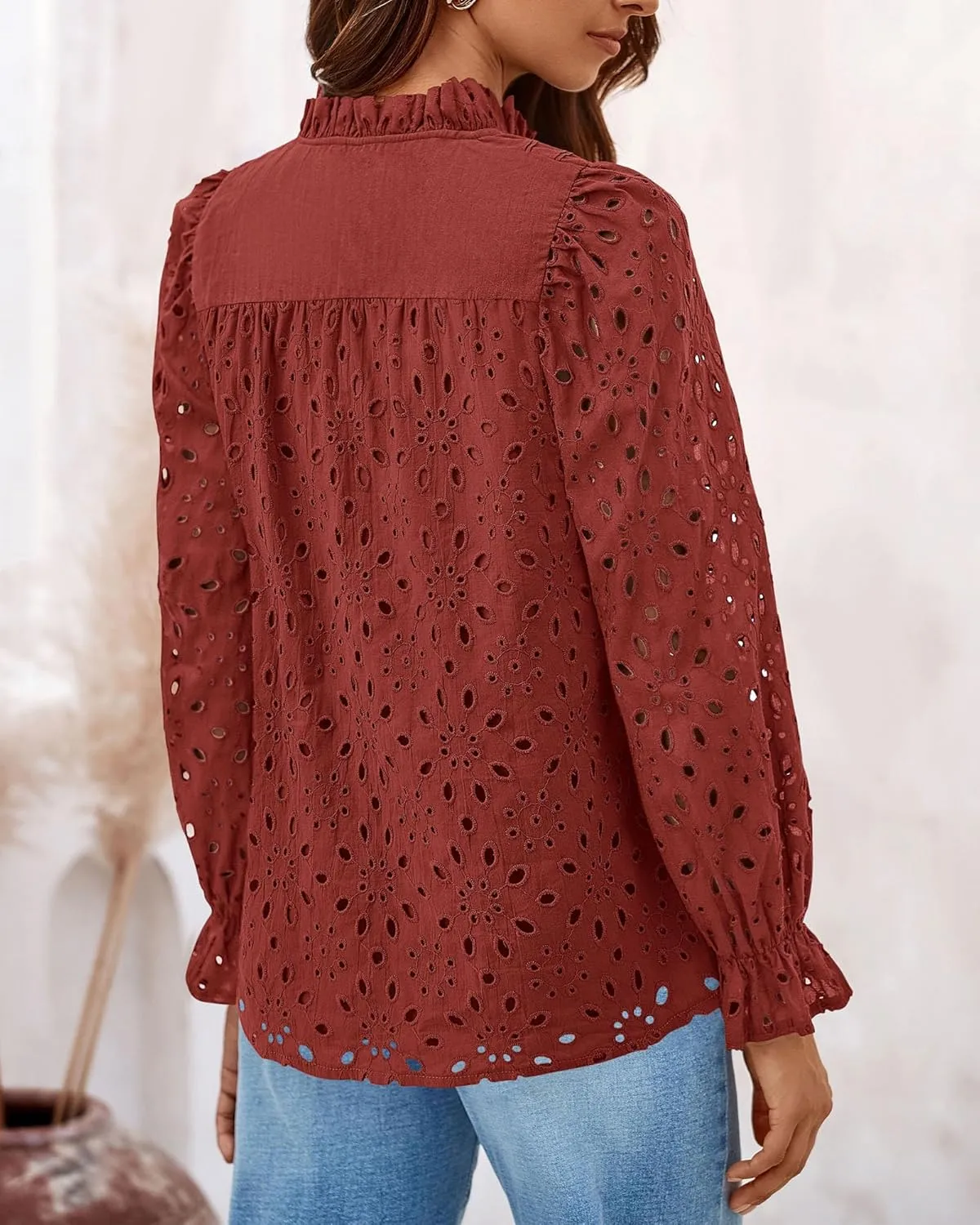 PRETTYGARDEN Women's Dressy Casual Blouse Tops Fall Spring Puff Long Sleeve Button V Neck Hollow Out Lace Embroidered Shirts