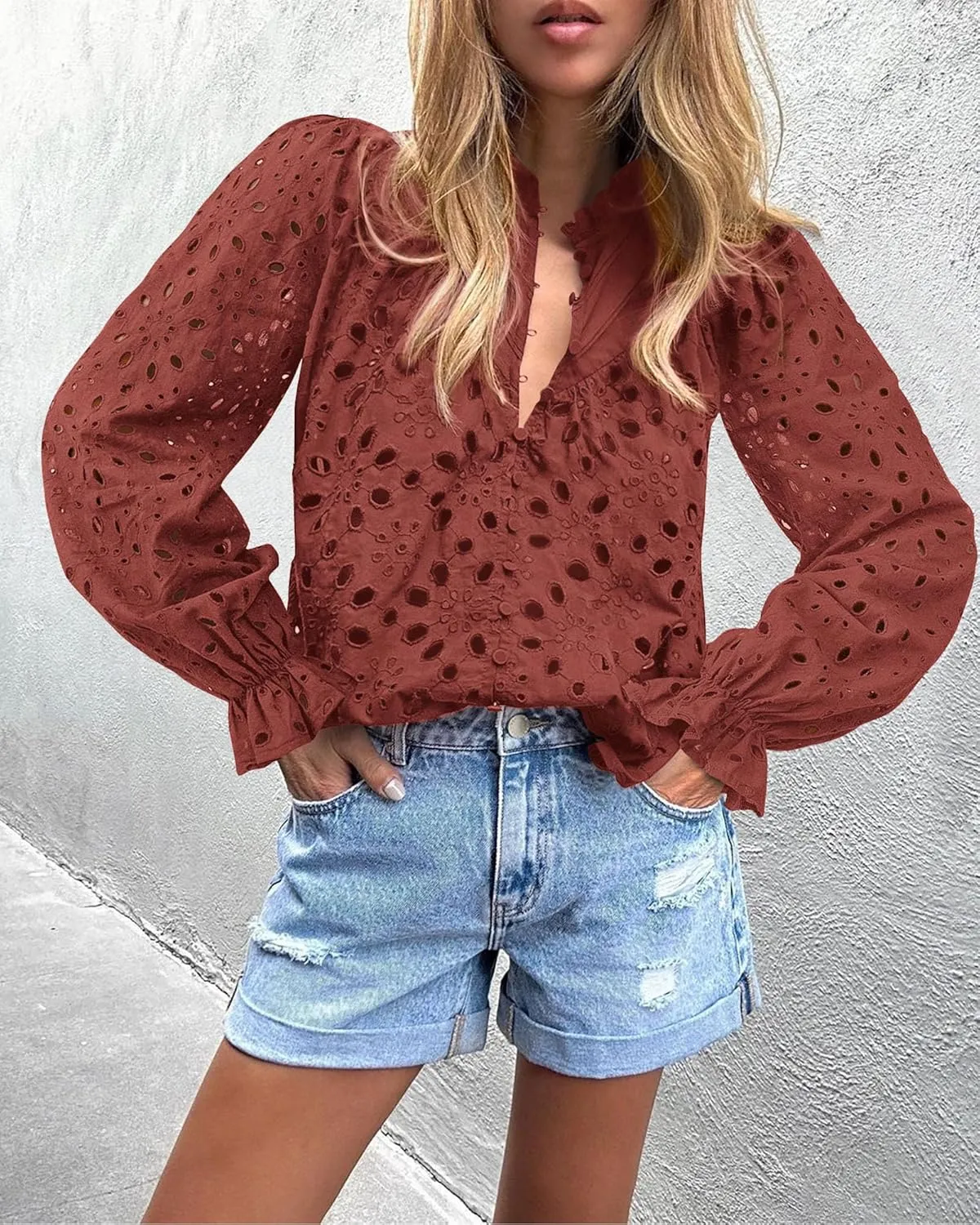 PRETTYGARDEN Women's Dressy Casual Blouse Tops Fall Spring Puff Long Sleeve Button V Neck Hollow Out Lace Embroidered Shirts