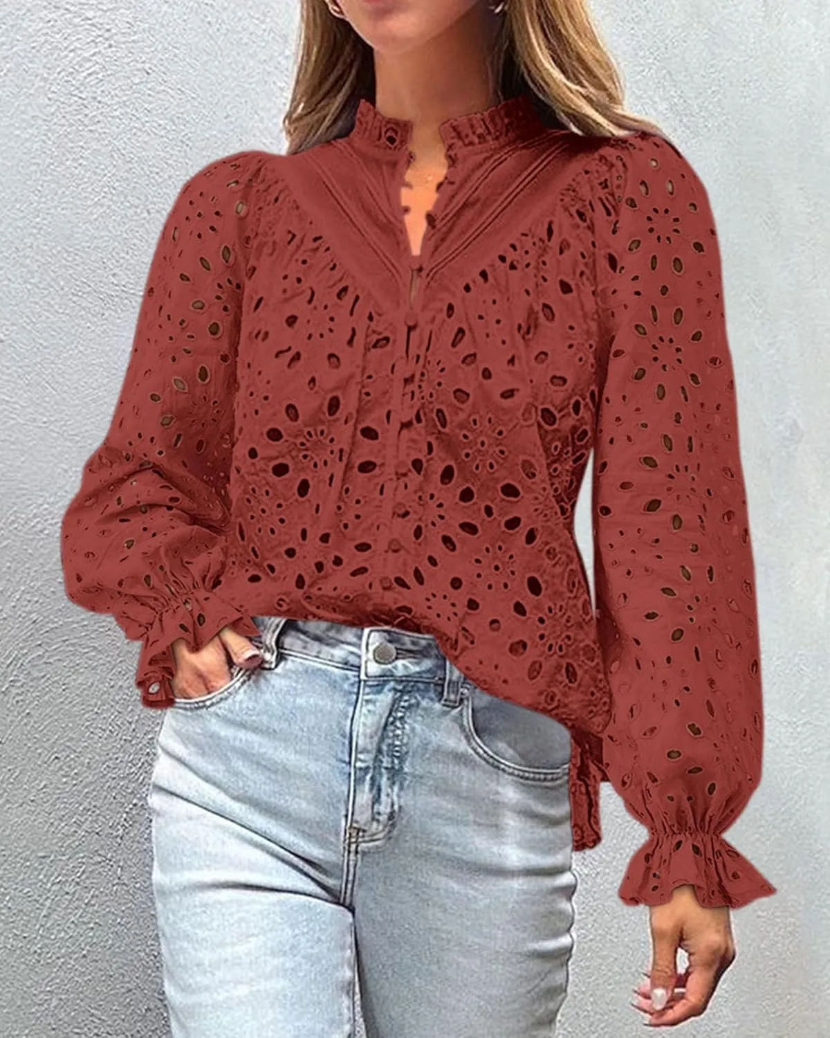 PRETTYGARDEN Women's Dressy Casual Blouse Tops Fall Spring Puff Long Sleeve Button V Neck Hollow Out Lace Embroidered Shirts