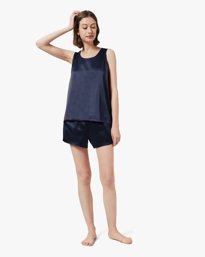 Relaxed Silk Short Pajamas Navy Blue