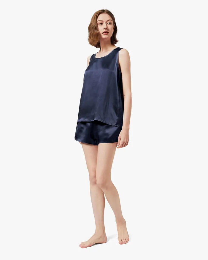Relaxed Silk Short Pajamas Navy Blue