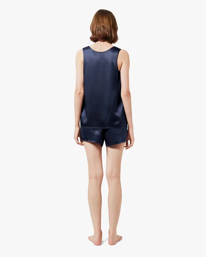 Relaxed Silk Short Pajamas Navy Blue